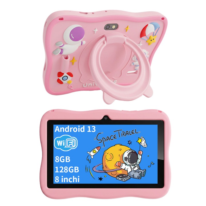 Tableta pentru copii, Ginawe, 8 inch, Android 13, 3-12 ani, 8GB RAM, 128GB ROM (extensibila la 256GB), Software pentru copii preinstalat, Mod de control parental online, Bluetooth, WiFi, Roz, include husa de protectie