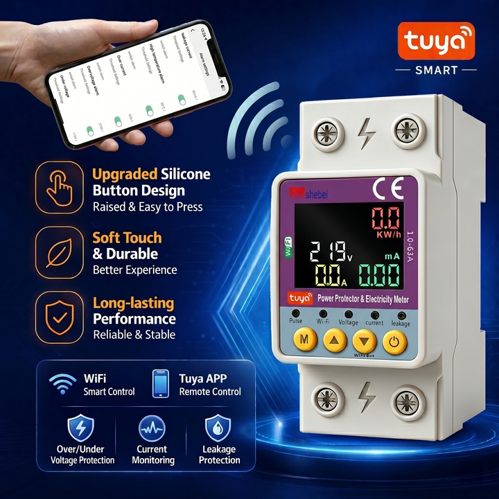 Excitat® okos egyfázisú WiFi relé és intelligens energiamérő, 63A 230V, állítható, digitális, túlfeszültség és túláram védelem, Tuya, szilikon gombok, fehér