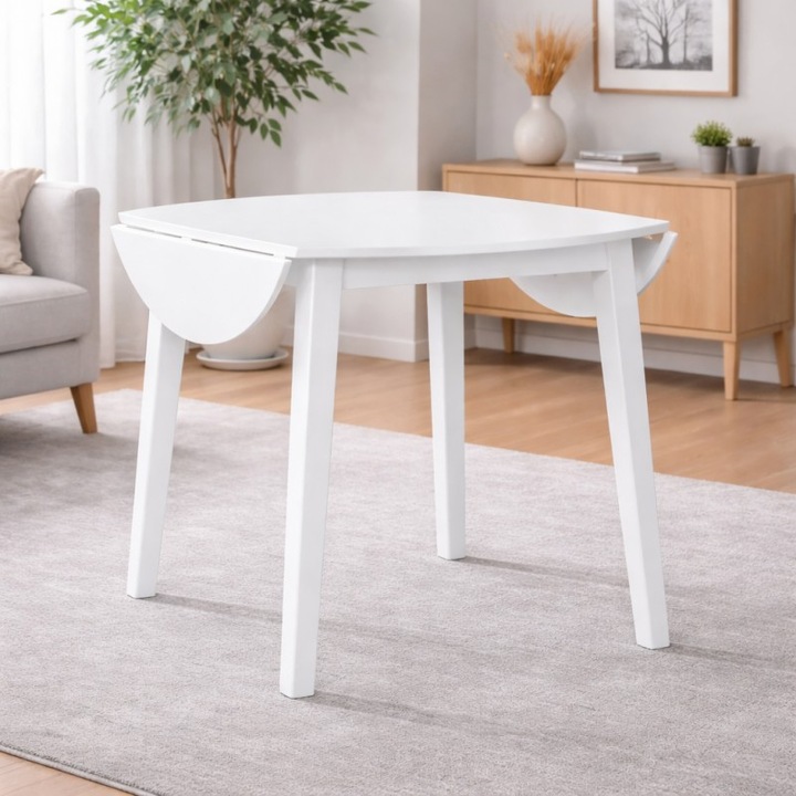 Masa living si bucatarie extensibila Philadelphia, MDF, lemn masiv, rotunda, 4 persoane, 90 cm - 55 cm x 74 cm, alb