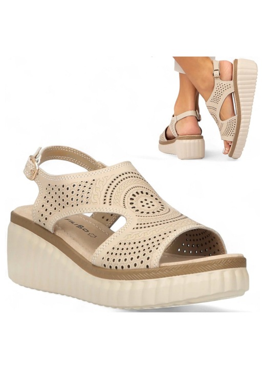 Sandale Dama, Filippo, Piele, Pe Platforma, Elegante, Ajurate, Bej, Negru
