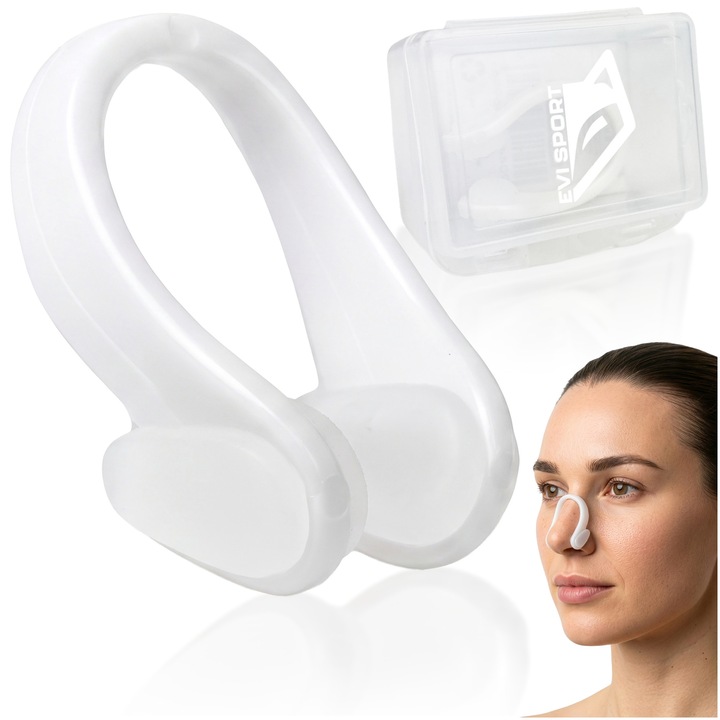 Clema Nas Inot EVI SPORT AquaSeal, Clips Nasal pentru Piscina si Scufundari, Dopuri Nas cu Silicon Moale Anti-Alunecare, Impermeabil, Include Cutie de Protectie, Unisex Adulti si Copii, Alb