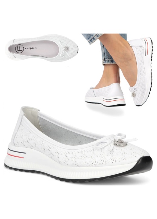 Balerini Dama, Filippo, Piele, Slip On, Respirabili, De Vara, Albi, Negru