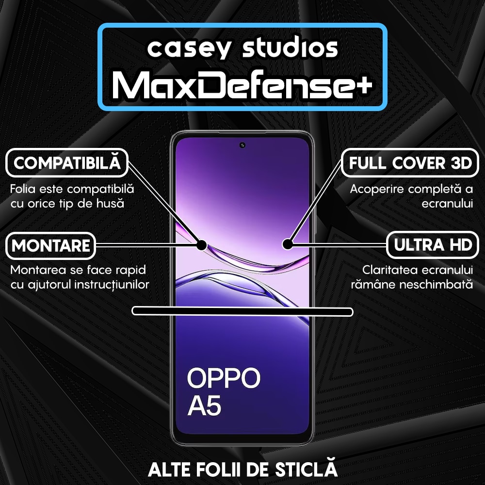 Folie Sticla CASEY STUDIOS™ pentru Oppo A5 5G, Full Cover 3D, Full Glue, Duritate Militara, Protectie Profesionala Ecran 3D, Anti Zgarieturi, Margini Negre