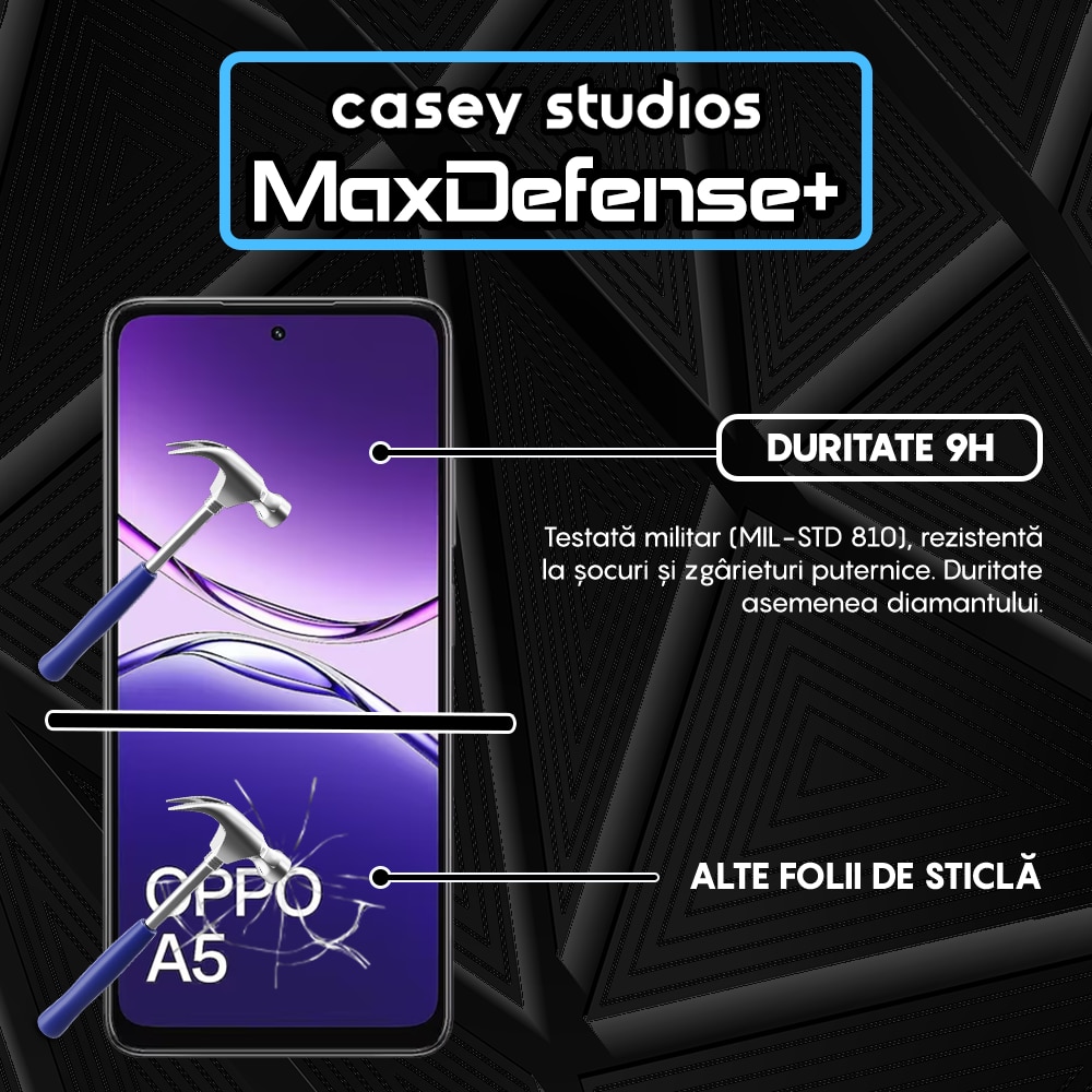 Folie Sticla CASEY STUDIOS™ pentru Oppo A5 5G, Full Cover 3D, Full Glue, Duritate Militara, Protectie Profesionala Ecran 3D, Anti Zgarieturi, Margini Negre