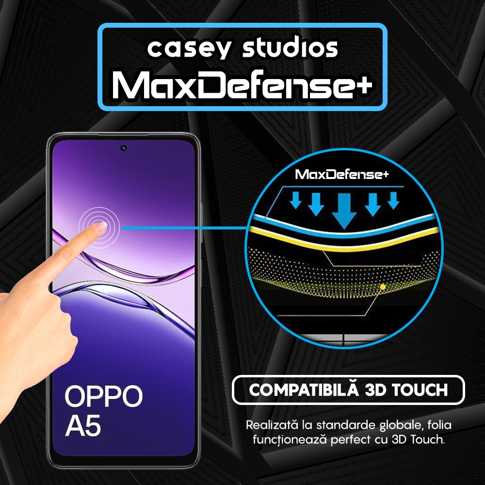 Folie Sticla CASEY STUDIOS™ pentru Oppo A5 5G, Full Cover 3D, Full Glue, Duritate Militara, Protectie Profesionala Ecran 3D, Anti Zgarieturi, Margini Negre
