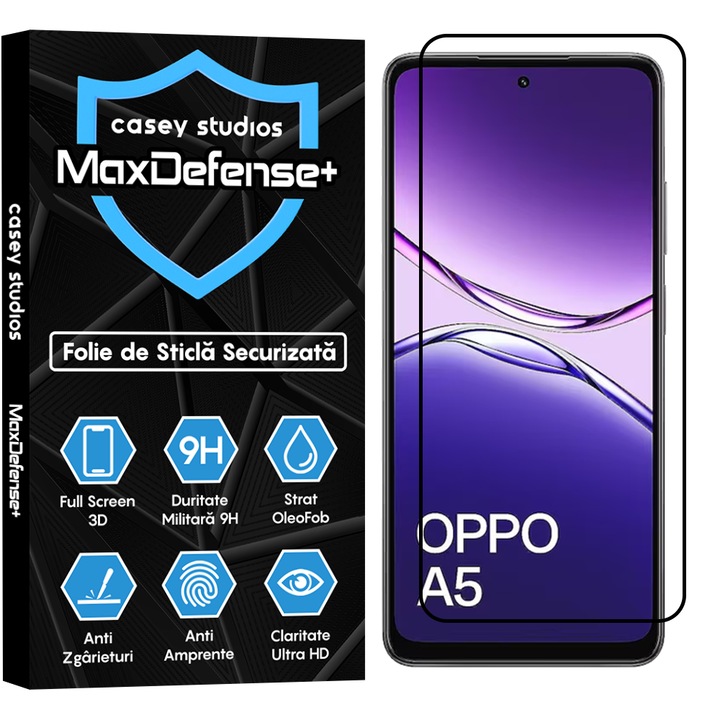 Folie Sticla CASEY STUDIOS™ pentru Oppo A5 5G, Full Cover 3D, Full Glue, Duritate Militara, Protectie Profesionala Ecran 3D, Anti Zgarieturi, Margini Negre