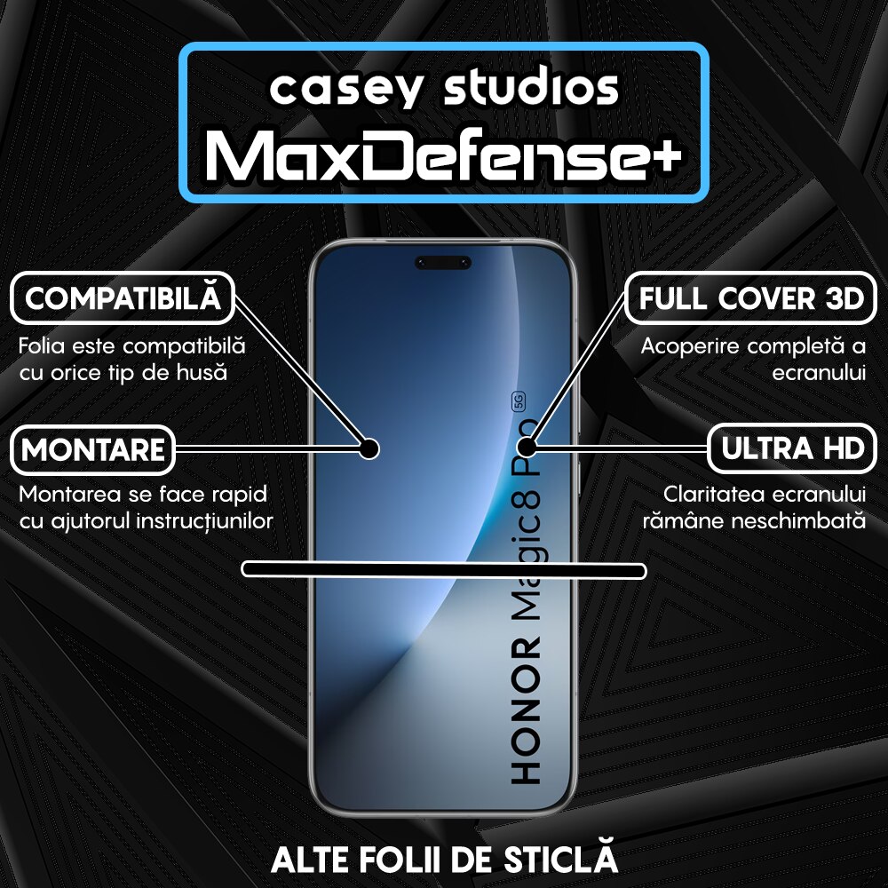 Folie Sticla CASEY STUDIOS™ pentru Honor Magic 8 Pro, Full Cover 3D, Full Glue, Duritate Militara, Protectie Profesionala Ecran 3D, Anti Zgarieturi, Margini Negre