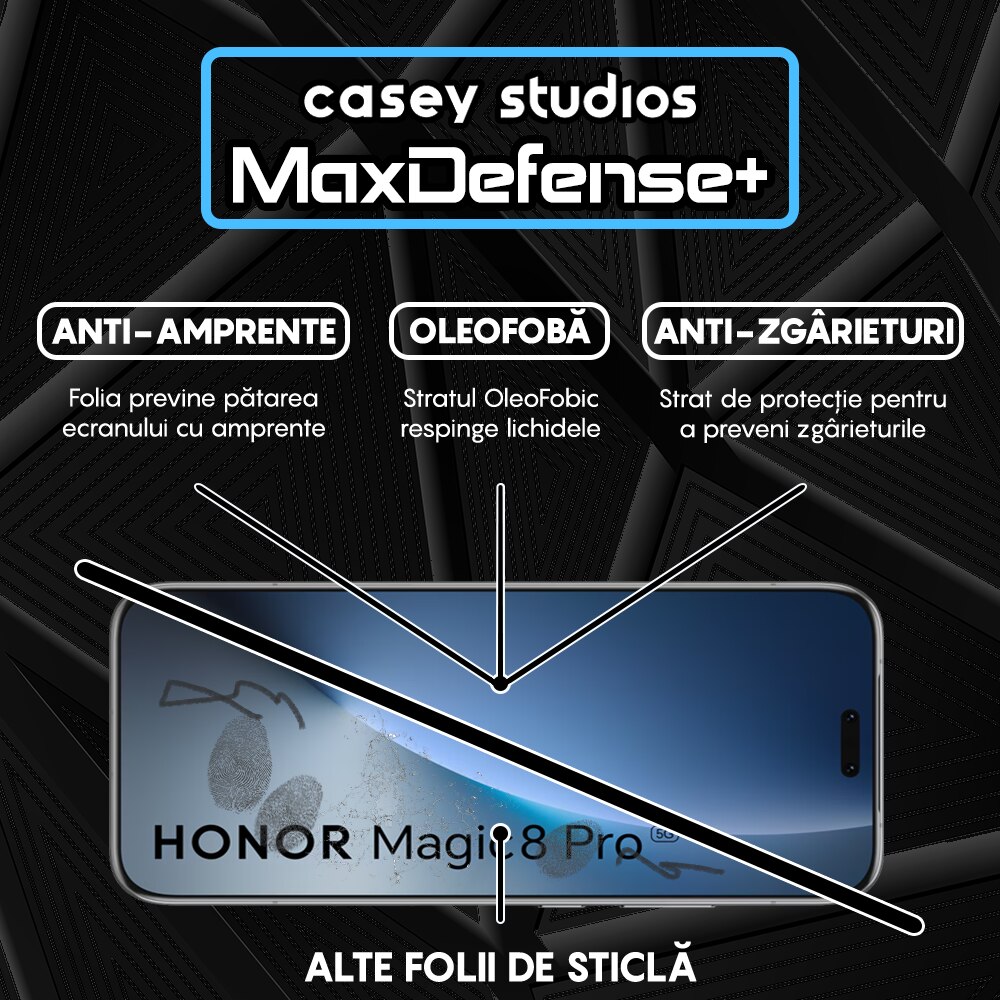 Folie Sticla CASEY STUDIOS™ pentru Honor Magic 8 Pro, Full Cover 3D, Full Glue, Duritate Militara, Protectie Profesionala Ecran 3D, Anti Zgarieturi, Margini Negre