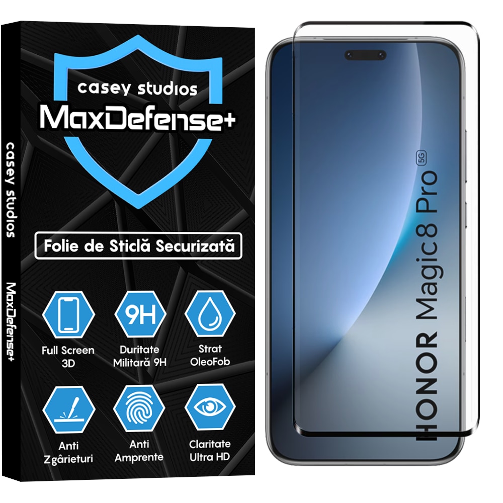 Folie Sticla CASEY STUDIOS™ pentru Honor Magic 8 Pro, Full Cover 3D, Full Glue, Duritate Militara, Protectie Profesionala Ecran 3D, Anti Zgarieturi, Margini Negre