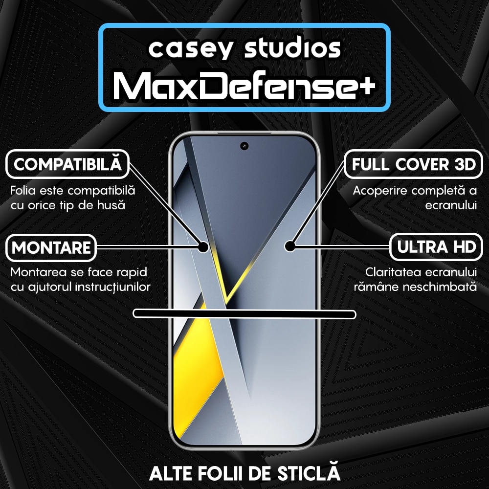 Folie Sticla CASEY STUDIOS™ pentru Xiaomi Poco F8 Pro, Full Cover 3D, Full Glue, Duritate Militara, Protectie Profesionala Ecran 3D, Anti Zgarieturi, Margini Negre