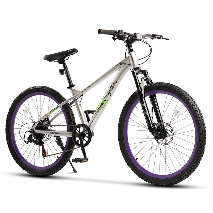 DIRT ERBV26289A MTB kerékpár 26" kerekekkel, első felfüggesztéssel, Saiguan szekvenciális váltókarokkal, Shimano váltóval, tárcsafékekkel, 7 sebességgel, ezüst/zöld, Velors Genius Passion 2.6 Mountain Bike integrált kábelekkel