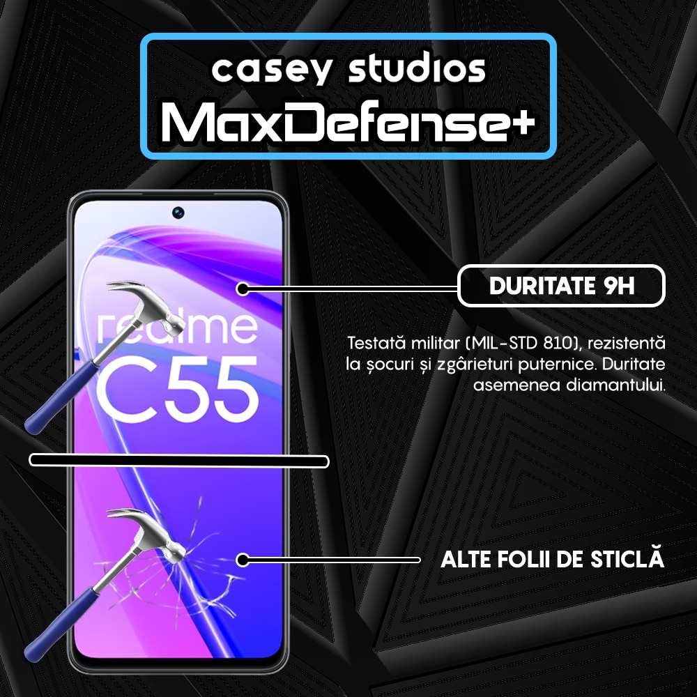 Folie Sticla CASEY STUDIOS™ pentru Realme C55, Full Cover 3D, Full Glue, Duritate Militara, Protectie Profesionala Ecran 3D, Anti Zgarieturi, Margini Negre