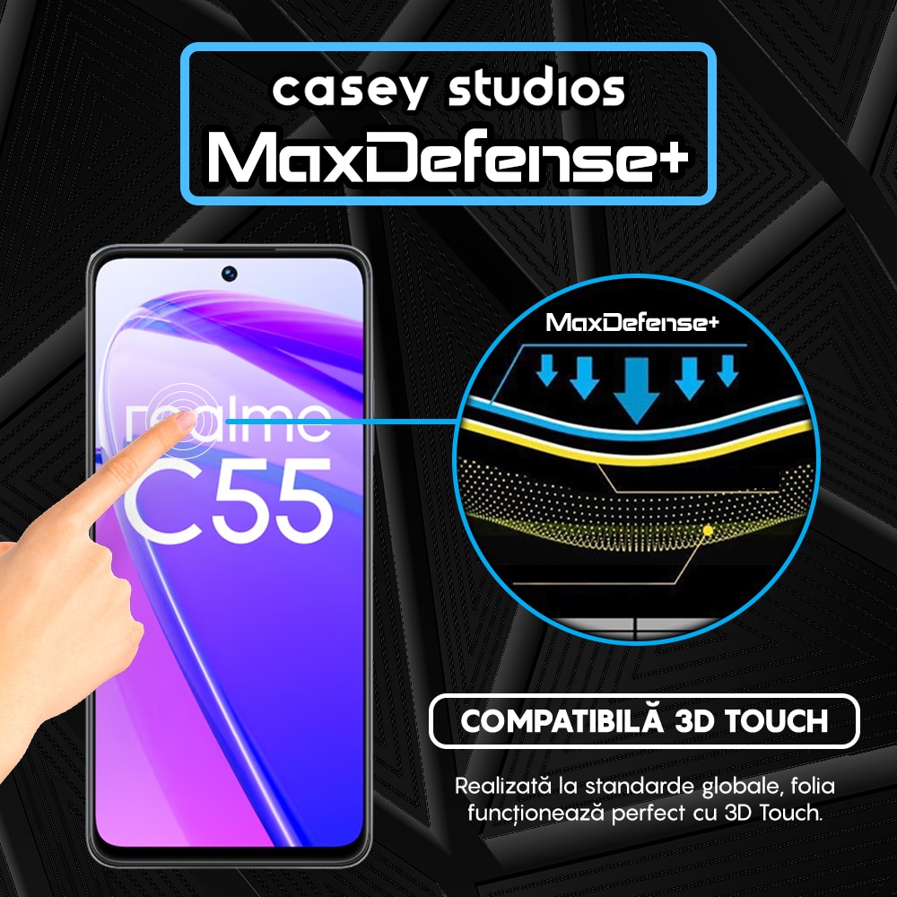 Folie Sticla CASEY STUDIOS™ pentru Realme C55, Full Cover 3D, Full Glue, Duritate Militara, Protectie Profesionala Ecran 3D, Anti Zgarieturi, Margini Negre