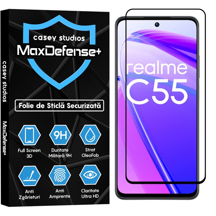 Folie Sticla CASEY STUDIOS™ pentru Realme C55, Full Cover 3D, Full Glue, Duritate Militara, Protectie Profesionala Ecran 3D, Anti Zgarieturi, Margini Negre