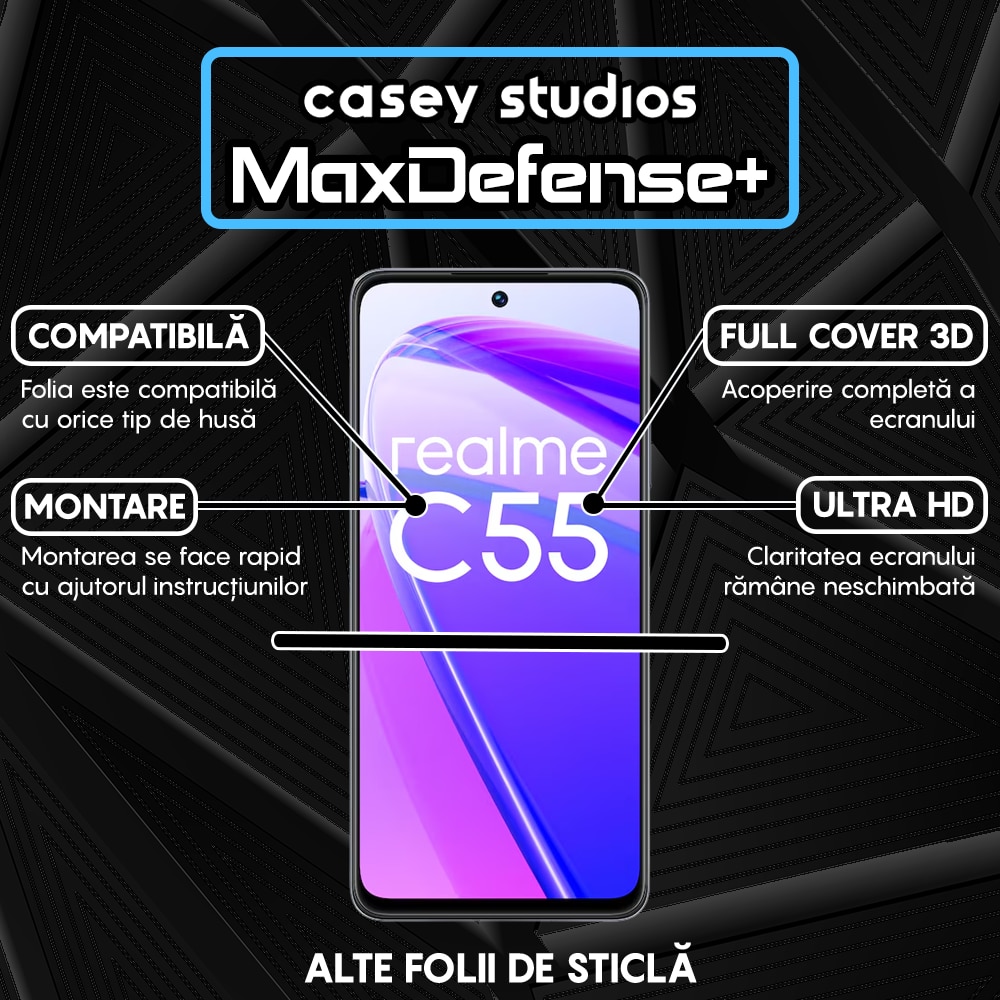 Folie Sticla CASEY STUDIOS™ pentru Realme C55, Full Cover 3D, Full Glue, Duritate Militara, Protectie Profesionala Ecran 3D, Anti Zgarieturi, Margini Negre
