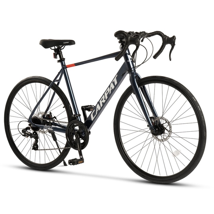 Bicicleta Cursiera ERBC28320G cu Roti de 28", Furca Fixa, Manete Secventiale Carpat, Echipare Carpat, Frane Disc, 16 Viteze, Albastru/alb/rosu, Cyclocross Carpat ADV Genius cu cadru din Aluminiu si cabluri integrate