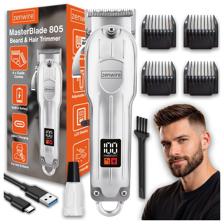 Aparat de tuns parul si barba de tip barber, trimmer fara fir cu USB-C, tuns precis in degrade, reglare a lungimii, aparat de ras pentru barbati Zenwire MasterBlade 805