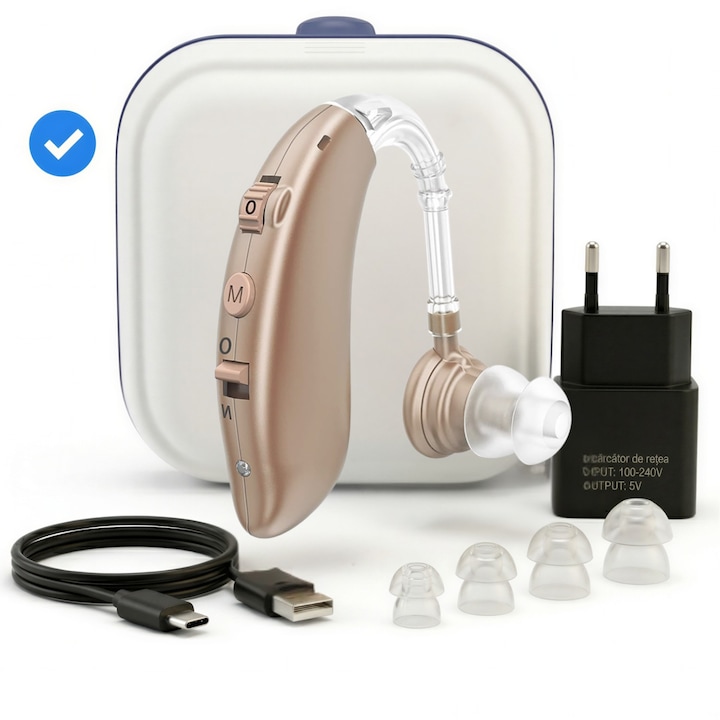 Aparat Auditiv Reincarcabil PRIMEDEO® 130dB, 100H Autonomie, Reducere Zgomot, 4 Moduri Ascultare, 4 Trepte Volum, Hipoacuzie Medie-Severa, 4 Dopuri Silicon, Adulti si Varstnici