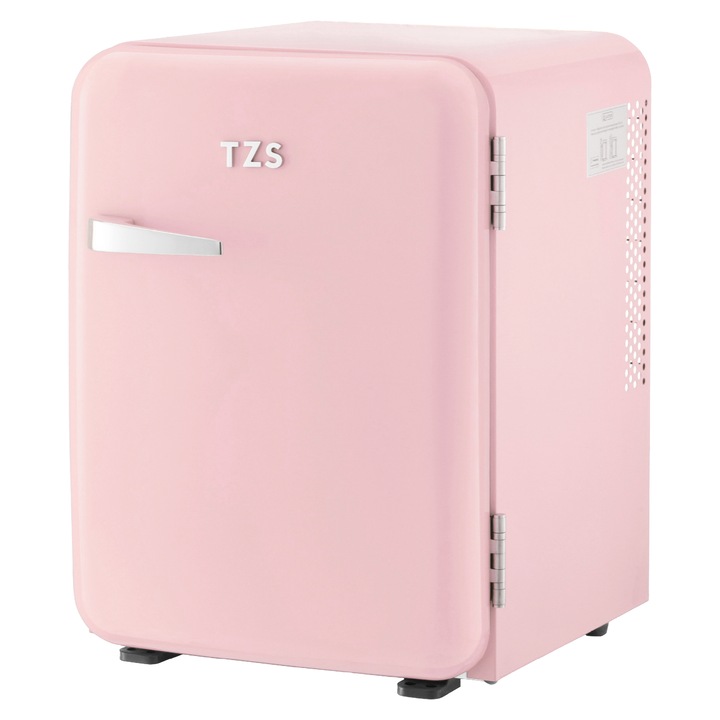 Retro mini frigider TZS First Austria 40L roz - minibar silentios 22dB cu LED, design vintage elegant, camping, birou, dormitor, hotel