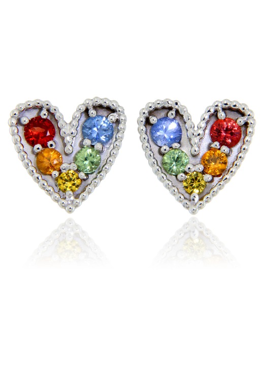 Cercei Stud din Aur Alb 14K cu Safire Multicolore Naturale, model Inima