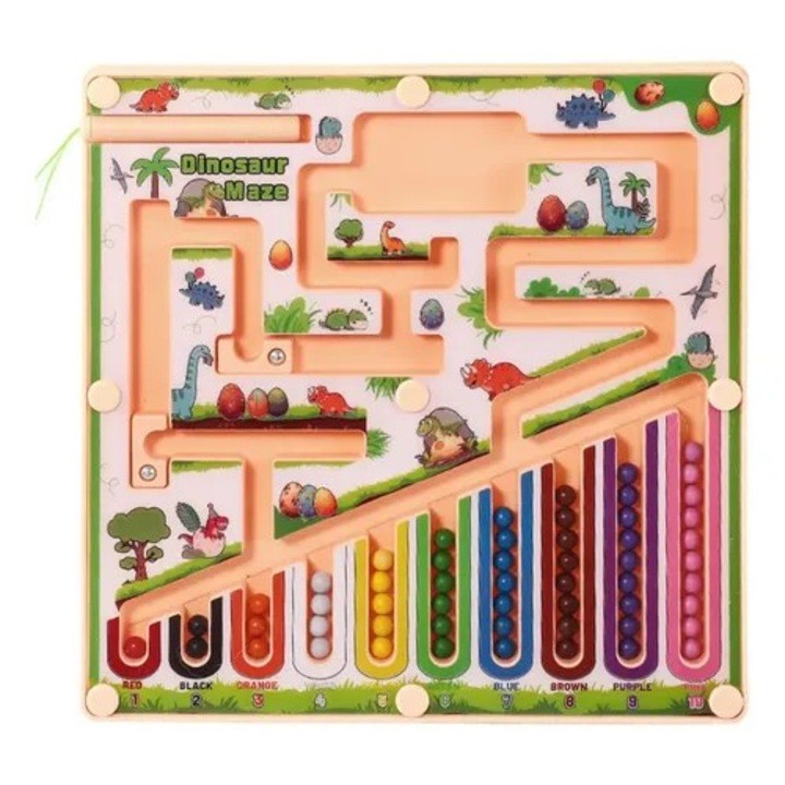 Joc educativ labirint Stone® Dinosaur cu bile magnetice si sortare culori pentru copii 3 ani+, 18x18cm
