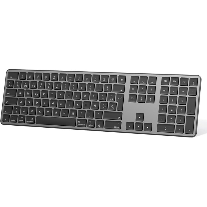 Tastatura Bluetooth OMOTON, QWERTY ES, Full-Size, incarcabila USB-C si Silentioasa, 3 Canale – Tastatura Wireless Multi-Device pentru MacBook, iMac si Mac Mini, Neagra cu Argintiu