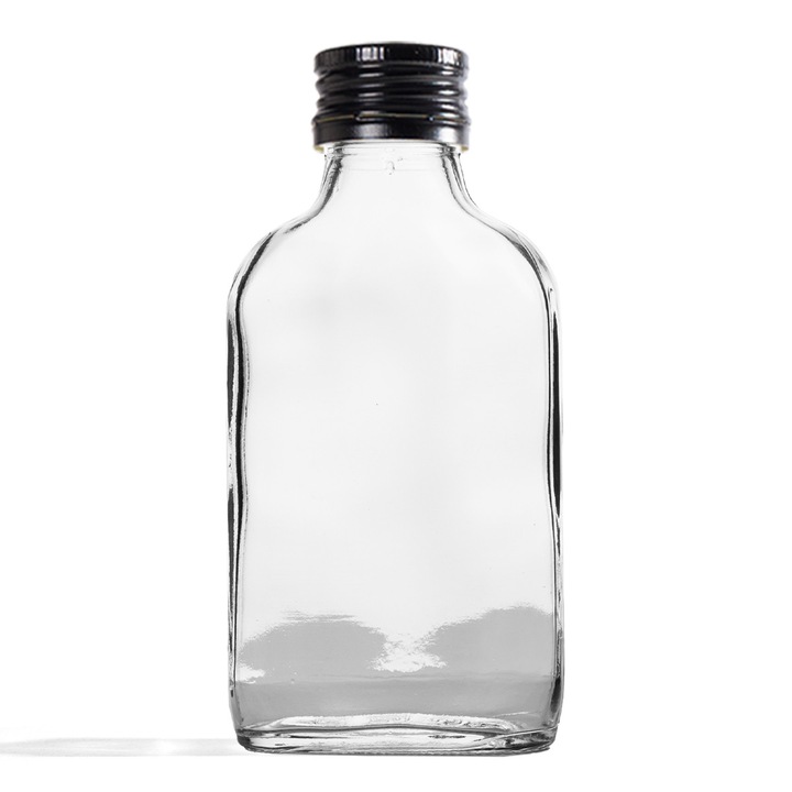 Set 50 sticle, Megabutelki, Model Flask 100 ml cu capac negru, Sticla pentru alcool/vodca, Transparent-Negru, 100 ml
