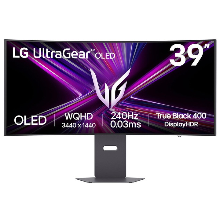 Monitor Gaming LG UltraGear™ OLED 39GX900A-B, 39", WQHD (3440x1440), 240Hz, 0.03ms GtG, Curbura 800R, HDR True Black 400, FreeSync Premium Pro, G-SYNC Compatible, Hexagon Lighting, Dynamic Action Sync, HDR10, HDMI, DP, USB-C 65W, Difuzoare 7Wx2, Black