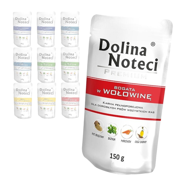 Hrana umeda pentru caine Dolina Noteci Premium Mix 5 arome 10x150g Vita Pui Capriorurate Curcan Cod
