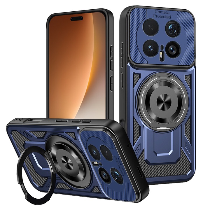 Калъф за Honor Magic8 Pro TitanX HaloStand Pro съвместим с MagSafe с въртящ се магнитен пръстен на 360° и стойка, карбонова текстура, защита за обективи - син