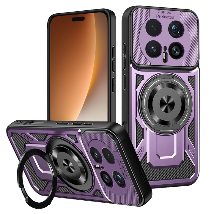 Калъф за Honor Magic8 Pro TitanX HaloStand Pro съвместим с MagSafe с въртящ се магнитен пръстен на 360° и стойка, карбонова текстура, защита на обектива - лилав