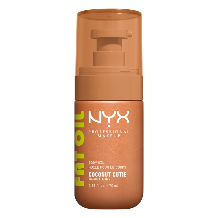 Ulei de corp cu sclipici NYX Professional Makeup Fat Oil Body, Coconut Cutie, note de cocos si piersica, hidratare timp de 24H, 70ml