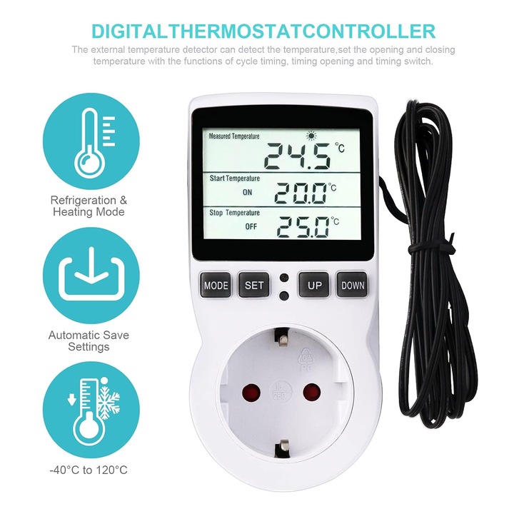 Priza Termostat Digitala cu Sonda Externa, Control Automat Incalzire si Racire, LCD, Timer Programabil, -40°C pana la 120°C Control automat si precis al temperaturii