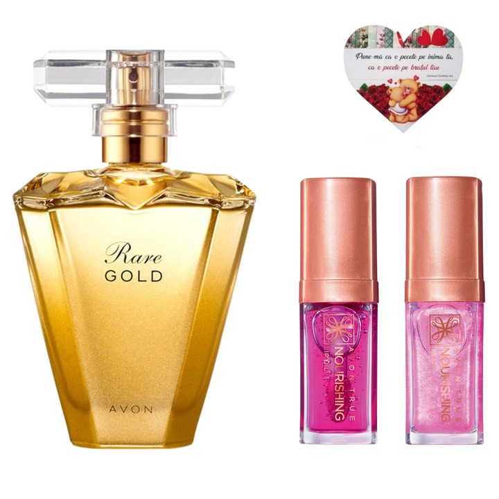 Set Avon Rare Gold 50 ml + 2 x luciu de buze Blossom & Shimmering Petal + inimioara magnetica, parfum feminin elegant si hidratare buze