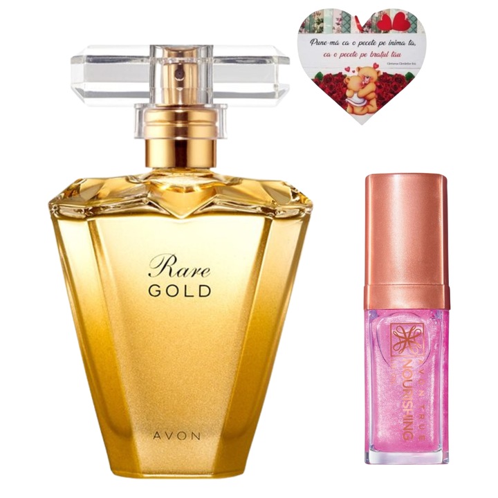 Set Avon Rare Gold 50 ml + luciu de buze Shimmering Petal + inimioara magnetica, parfum feminin elegant si efect lucios buze