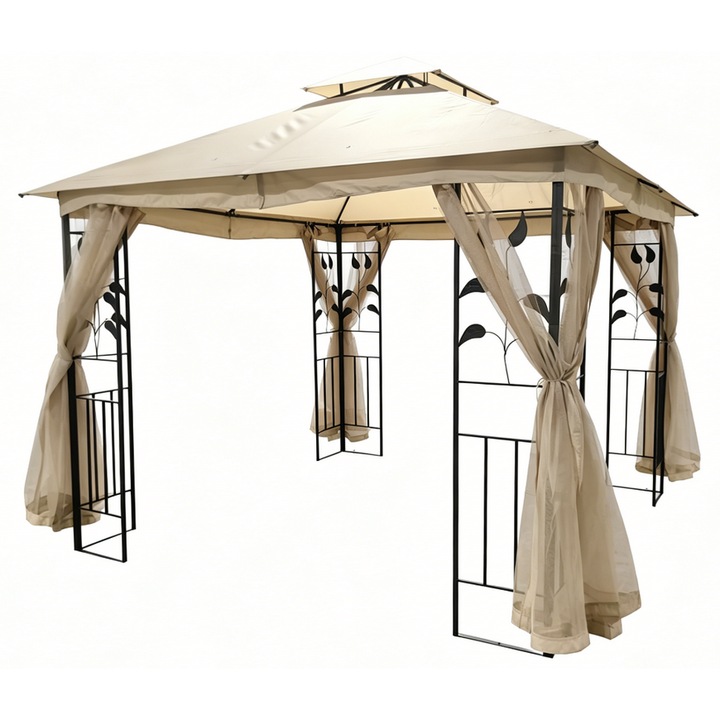 Foisor Gradina Cort 3×3 m din Otel cu Pereti Laterali si Acoperis Textil – Gazebo Exterior Bej, Model YS-1201