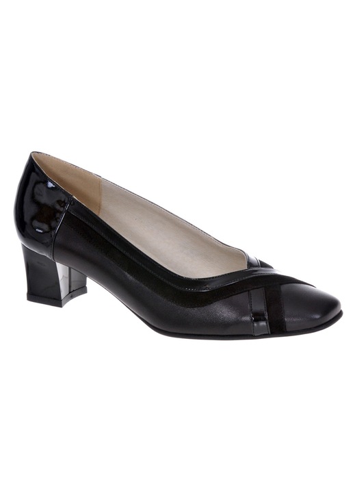 Pantofi dama, SandAli, piele naturala, toc 4 cm, negru cu lac, marimea 37.5 EU, 24, 5x23cm