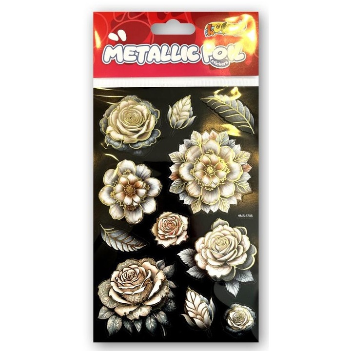 Penmate Metalic Double Flowers 3D dekoratív matricák, arany fémfóliával, virágmintákkal, többszínű