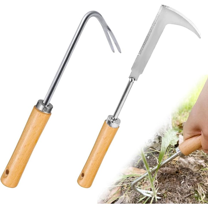 2 darabos kézi gyomláló készlet, rozsdamentes acél gyomlálók ergonomikus fa nyéllel, gyomkihúzó kés, gyomláló eszköz kerti gyomláláshoz és ásáshoz