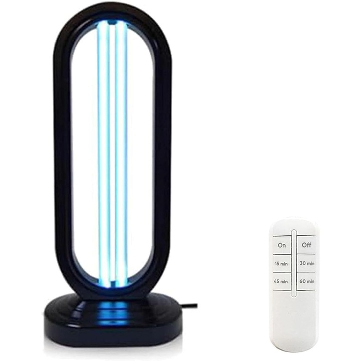Lampa UV sterilizare birou Puepoul, tub quartz, 4 temporizari telecomanda, 99.99% bacterii, 40mp, avertizare 30s, neagra