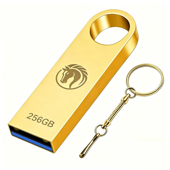 Memorie USB 256GB, carcasa durabila rezistenta la apa, USB 3.0 viteza maxima 100MB/s, Plug and play, compatibil cu calculatoare desktop si laptopuri (Auriu)