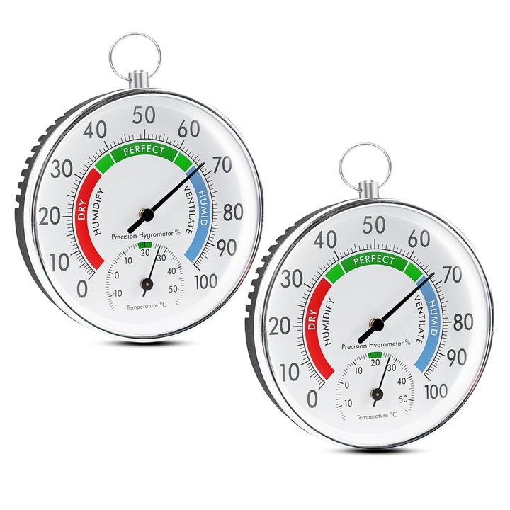 Set de 2 termometre/higrometre: 10 cm, analogice, fara fir, de perete, cu inel de agatare, termo-higrometru pentru uz interior si exterior, case, sere, gradini (A)