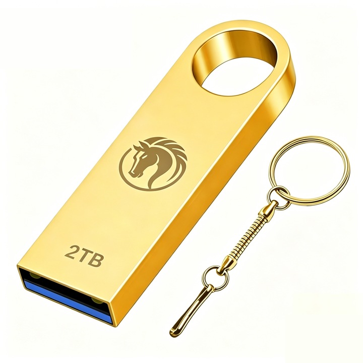 USB memória 2TB, tartós vízálló ház, USB 3.0 maximális sebesség 100MB/s, Plug and play, kompatibilis asztali számítógépekkel és laptopokkal (Arany)