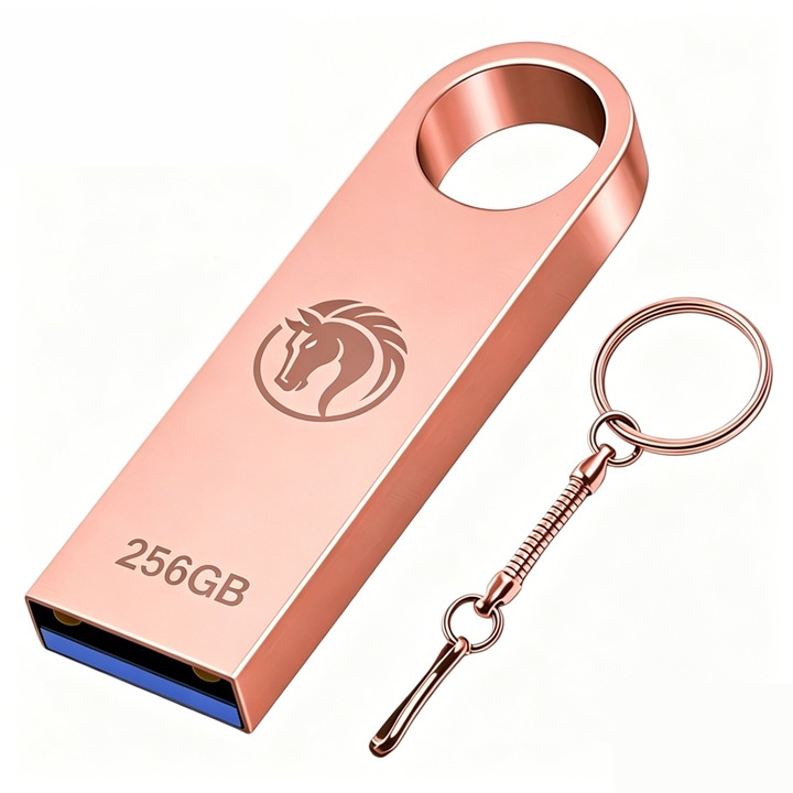 Memorie USB 256GB, carcasa durabila rezistenta la apa, USB 3.0 viteza maxima 100MB/s, Plug and play, compatibil cu calculatoare desktop si laptopuri (Aur roz)