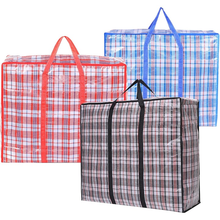Set de 3 saci de depozitare, saci mari pliabili pentru depozitarea hainelor, saci de mutare de mare capacitate cu fermoar si manere pentru mutare, spalatorie, cumparaturi (68 * 50 * 24)