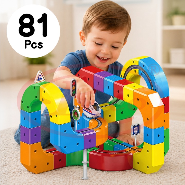 Circuit Trenulet Electric 3D Magnetic RCO®, 81 Piese, USB, Lumini, Set Constructie STEM pentru Copii, TR1020