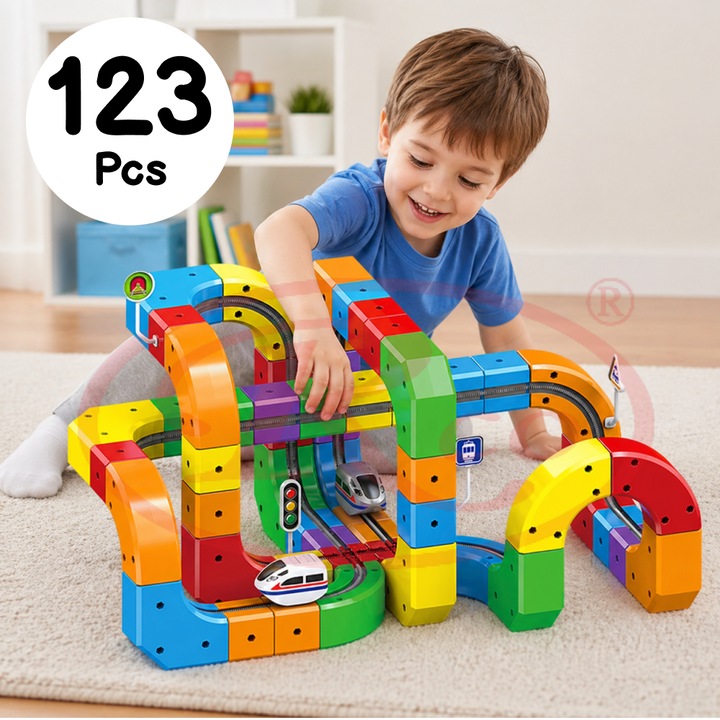 Circuit Trenulet Electric 3D Magnetic RCO® 123 Piese, USB, Lumini, Set Constructie STEM pentru Copii, TR1021