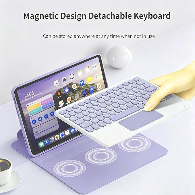 Husa cu tastatura wireless pentru tableta, compatibil cu Lenovo M11, mouse dual-mode 2.4G, tastatura magnetica detasabila, suport pentru stilou, touchpad, mov