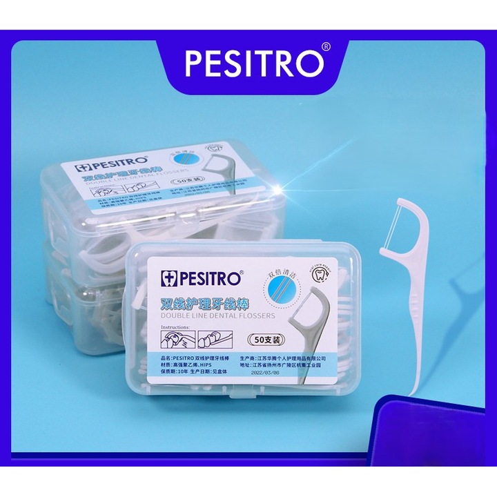Set 2 cutii x 50 bucati ata dentara Pesitro cu scobitoare, fir dublu ultra-rezistent, 100 bucati