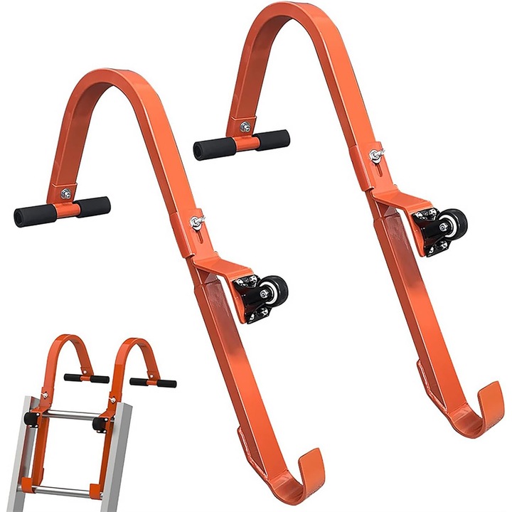 Carlig profesional pentru scara de acoperis din otel rezistent, suport scara cu roti, capacitate 250 kg, antiderapant, compatibil cu scari din aluminiu si fibra de sticla, montaj rapid, ideal lucrari la inaltime, Portocaliu